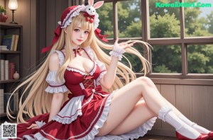 A woman in a red and white dress sitting on a bed.