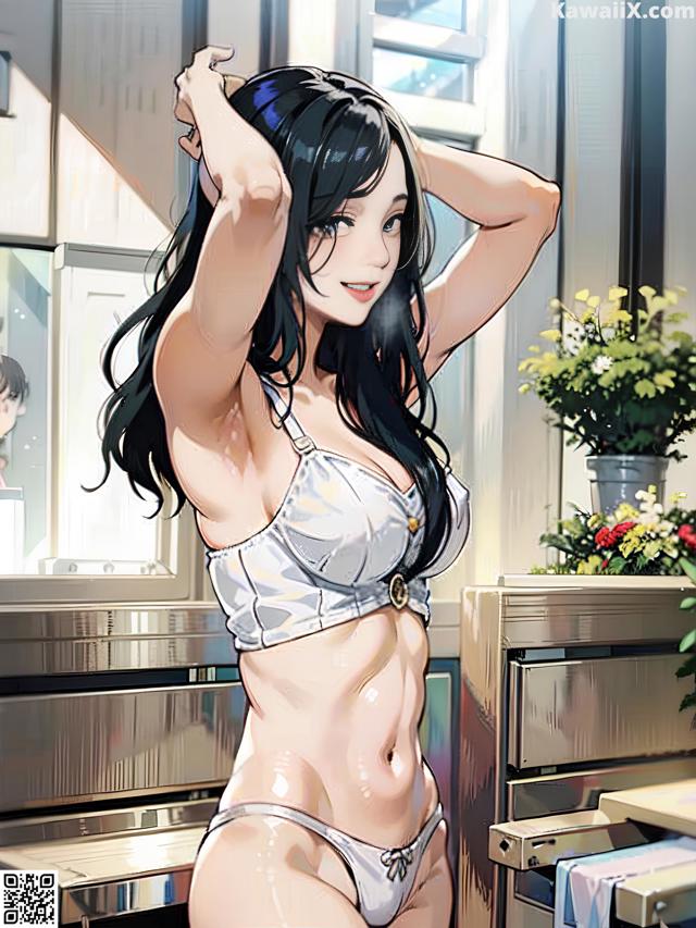 A woman in a white bikini standing in a kitchen.