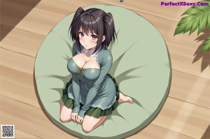 Anime girl in stockings and stockings sitting on a bed.