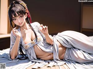 A woman in a white kimono posing for a picture.