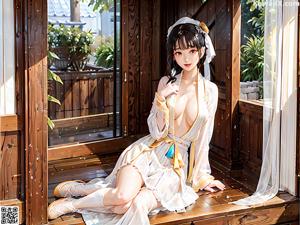 A woman in a white robe sitting on a window sill.