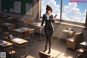 A woman sitting at a desk in front of a blackboard.