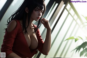 A woman in a red dress is standing in the woods.