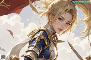 A woman in armor holding a sword in front of a cloudy sky.