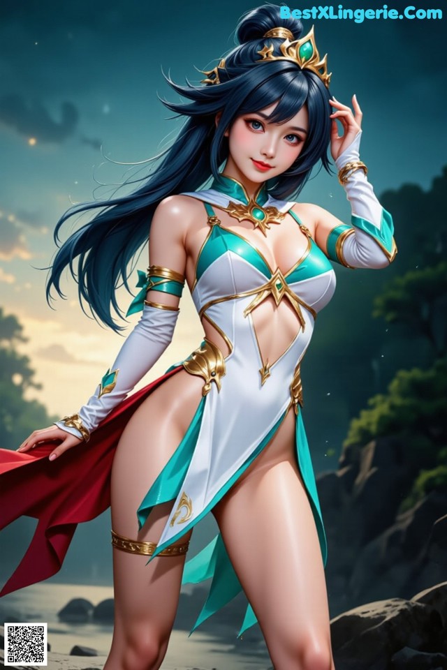 Hentai - Under the Radiance of Celestial Grace Set.1 20250106 Part 3 No.69258b A woman in a white and green outfit with a red cape.