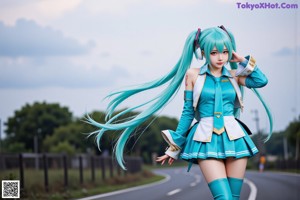 A woman with long blue hair wearing a school uniform.