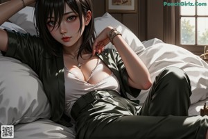 A woman in a black robe sitting on a green couch.