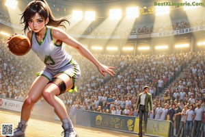 A woman holding a basketball in front of a crowd.