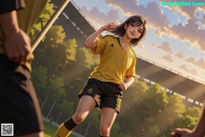 A woman in a green shirt and shorts standing on a soccer field.