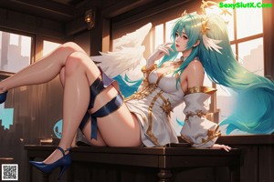 A woman with long blue hair wearing a white dress.