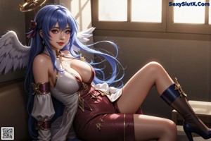 A woman with long blue hair sitting on a table.
