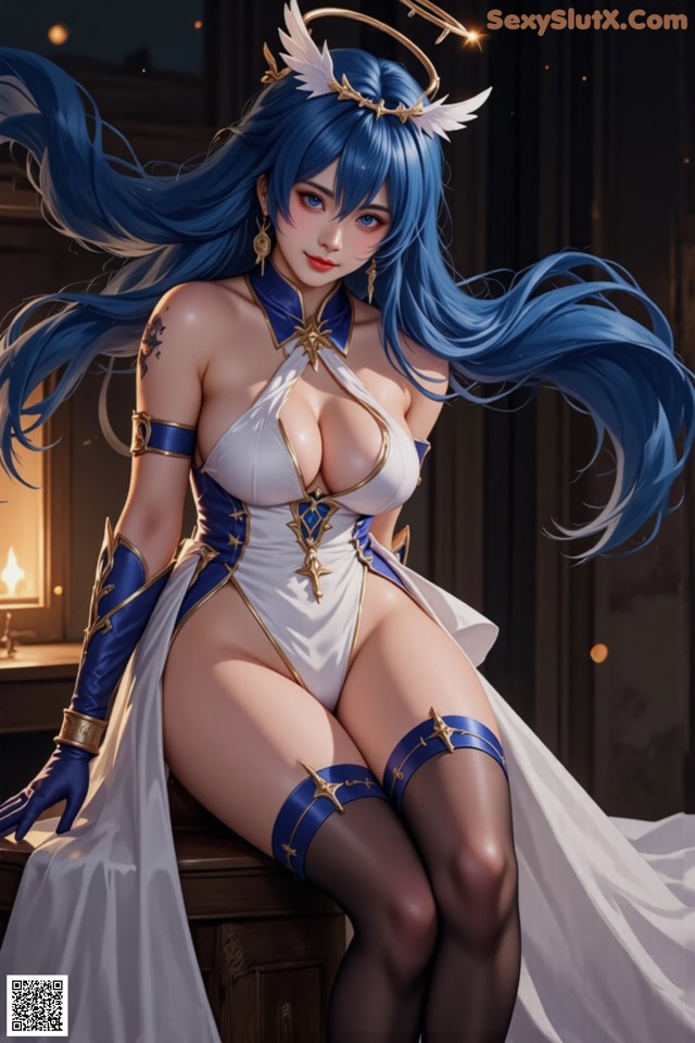 Hentai - Captivating Grace of the Cosmic Maiden Set.2 20250125 Part 3 No.5c5cf0 A woman in a white and blue outfit sitting on a table.