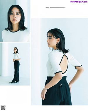 A magazine spread with a woman in a green sweater and white pants.