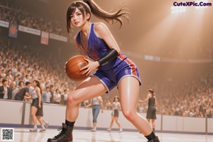 A woman in a yellow uniform holding a basketball.