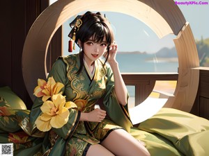 A woman in a yellow and blue kimono sitting under a tree.