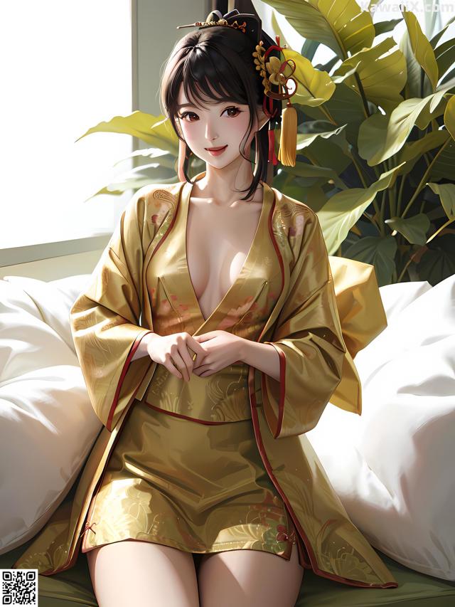 A woman in a yellow kimono sitting on a bed.