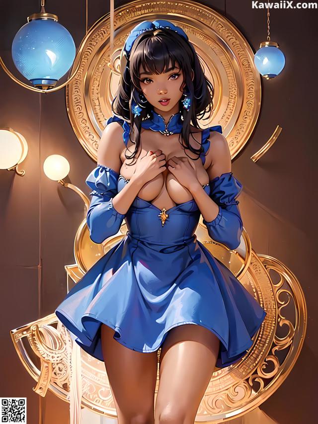 A woman in a blue dress is posing for a picture.