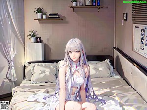 A woman in a white dress sitting on a bed.