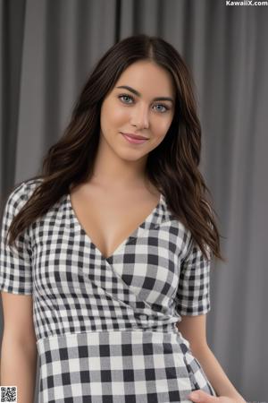 A young woman in a black tank top and jeans posing on a bed.