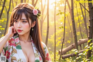 A naked woman in a kimono standing in the woods.
