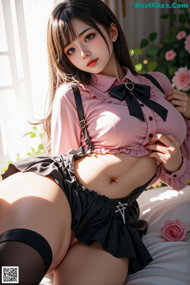 a woman in a pink shirt and black skirt sitting on a bed