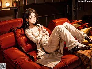 A naked woman sitting on top of a couch.