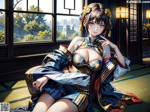 A woman in a kimono sitting on a wooden bench.