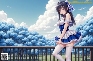 A woman in a blue and white dress sitting on a window sill.